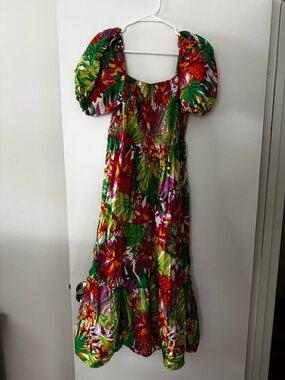 Flying Tomato Vibrant Tropical Puff-Sleeve Maxi Dress